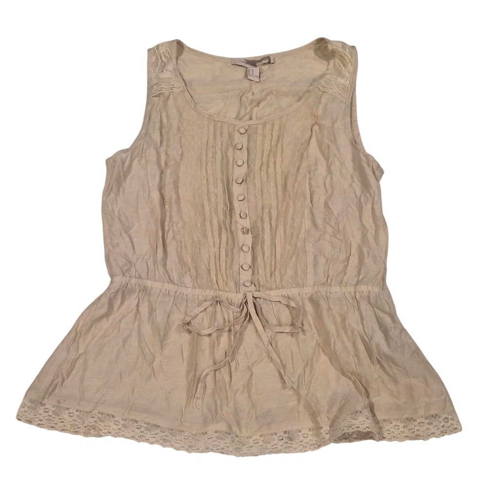 Forever 21 Beige Lace Trim Peplum Tank Top Button Front Pintuck Size M